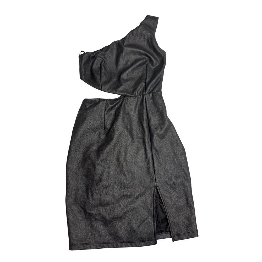 Akira Chicago Black Label One-Shoulder Faux Leather Midi Dress SZ Med